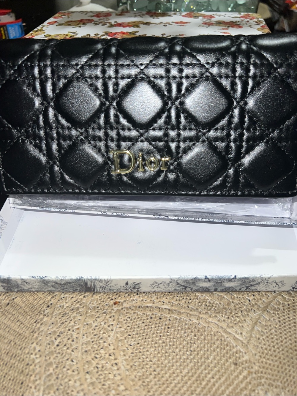 Black Quilted Leather Wallet with Gold Logo